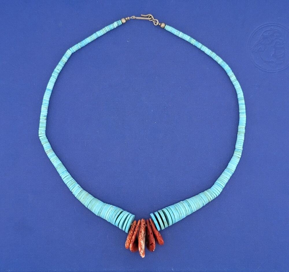 18.5in Turquoise & Spiney Oyster Corn Tab Necklace - 36.1g